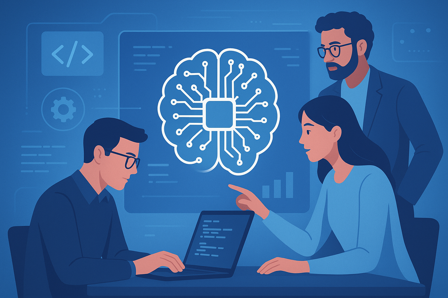 Three professionals collaborate at a table with a laptop displaying code, while a large digital brain graphic representing artificial intelligence is shown on a screen in the background. The environment is modern and technology-focused, with a positive and engaged atmosphere. Visible text includes code symbols and graphical elements related to AI and software development.